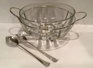 Vintage Retro 4Pc. Salad Set Large Glass Bowl SilverPlated Rack & Serving Spoons - Picture 1 of 11