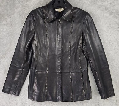 休闲转角皮革夹克女式小号黑色复古全拉链长袖上衣 — 第 1/4 张图片