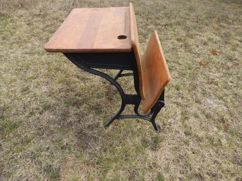 Antique Wooden Child School Desk Folding Seat Iron Base American Seating Chicago Cover