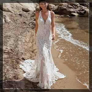 Top Spitze Brautkleid Mermaid Neckholder Ivory 32-60 Rückenfrei m.Schleppe n.Maß - Bild 1 von 6