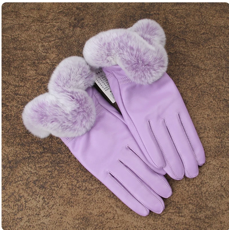 Guantes cálidos de invierno para mujer de cuero genuino Rex piel de conejo puño forrado de terciopelo Foto 1 de 4