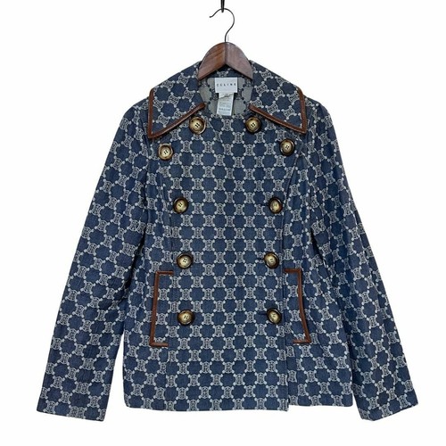 Celine Triomphe Denim P Coat piping pelle pavone 40 donna blu usato0