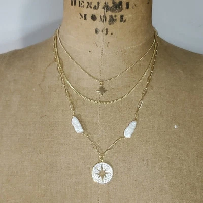 Panacea 15" NOVO Colar Ouro 14k Pérola de Água Doce Strass Corrente Clipe de Papel - Imagem 1 de 4