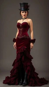 Burgundy Victorian Evening Dresses Sheath Lace Mermaid Long Vampire Cosplay - Picture 1 of 5