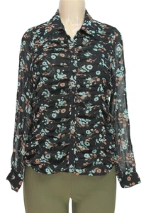 BCBG Maxazria Women's Button Up Blouse Long Sleeve Floral Black Sheer Size L - Picture 1 of 8