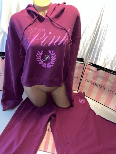 UNDERCOVER Victoria Secret ROSA felpa con cappuccio semi ritagliata e gamba larga pantaloni XXL bordeaux e rosa