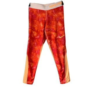 Nike Pro Orange Leggings S Girls Crop Activewear Printed Logo Mesh Panel - Picture 1 of 6