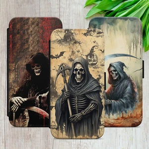 GRIM REAPER FLIP FOR IPHONE SAMSUNG GOOGLE GOTHIC ART WALLET PHONE CASE COVER - Picture 1 of 37