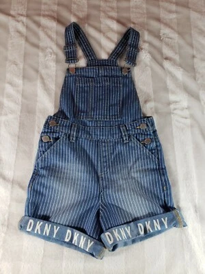DKNY Girls Blue & White Striped Logo Overall Shorts Shortalls Size 7 LN - Image 1 of 4
