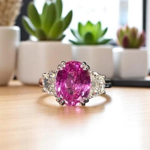 14K White Gold Engagement Ring with 3.80 Ct Oval Cut Lab Grown Pink Sapphire - Picture 1 of 11