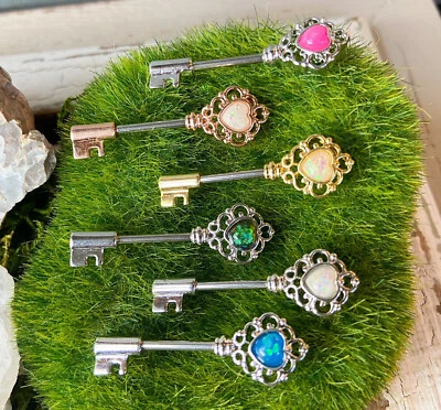 PAIR Opal Glitter Heart Vintage Key Nipple Rings Shield Barbells 14g 14 gauge - Image 1 of 2