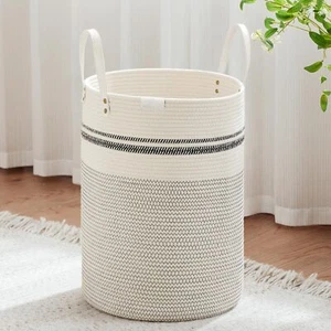 Tall Laundry Basket Large Dirty Clothes Hamper With Leather Handle Woven Rope St - Picture 1 of 8