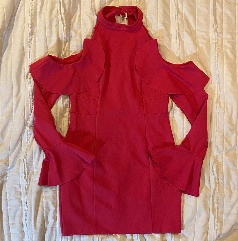 People Sweet Talk Mini Dress Womens Sz Small Raspberry Red Cold Shoulder