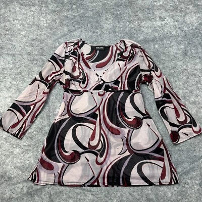 New York & Company Top Womens M Babydoll Y2K VTG Sheer Black Red Tie Back Swirl - Image 1 of 4