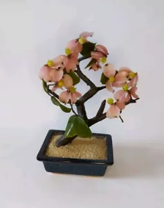 Vintage Chinese Small Jade Glass Bonsai Tree Blossoms In Ceramic Pot - Picture 1 of 9