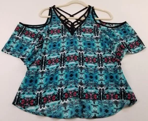 Nicole Miller Blouse Women's XS Abstract Short Sleeve Cold Shoulder V Neck Artsy - Picture 1 of 9