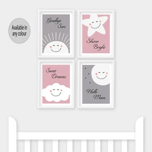 Nursery Prints Goodbye Sun Hello Moon Star Kids Bedroom Baby Room Decor Pink - Picture 1 of 7