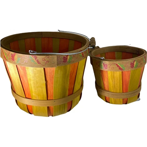 2 VTG Wood Apple Bushel Basket Rustic Farmhouse Shabby Wire Handle Decor Display Cover