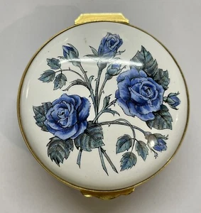 CRUMMLES & CO ROUND ROYAL BLUE 6cm ENAMEL TRINKET BOX BLUE ROSES FLOWERS ENGLAND - Picture 1 of 8