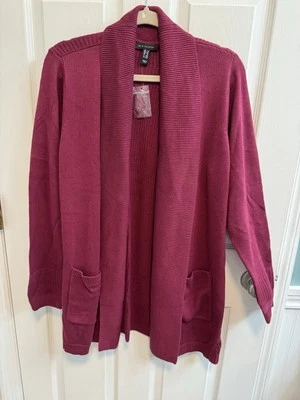 H By Halston 1X Open Cardigan Wine Berry Shawl Collar Pockets New - Image 1 of 4