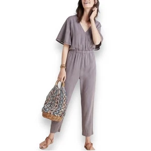 ANTHROPOLOGIE CLOTH & STONE Gulpiyuri Jumpsuit PXL Grey Flutter Sleeves Pockets - Picture 1 of 9