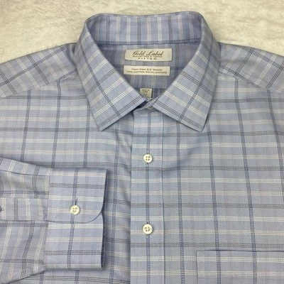 Camisa Roundtree & Yorke Etiqueta Dorada Para Hombres 17-33 Azul/Blanco Cuadros Ajustada Sin Planchar Foto 1 de 4