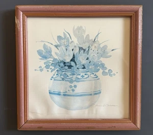 AQUARELL BLUMENGEMÄLDE SIGNIERT VON ROSALIND OESTERLE blau weiß Stillleben - Bild 1 von 4