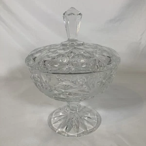 Vintage schwere Kristall geschliffen Glas Standfuß Runde Süßigkeitenschale mit Deckel 6" Schüssel 8" H - Bild 1 von 9