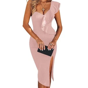 UONBOX Damen XL apricot One Shoulder ärmellos Seitenschlitz Bandage Kleid - Bild 1 von 13