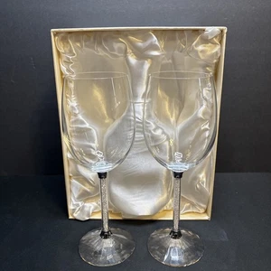 Pair Oleg Cassini Toasting Wine Glasses  Crystals in Stem 9.5” Prism Base In Box - Picture 1 of 9