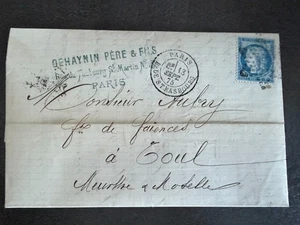 🦬Lettre avec N°60 - 25 c bleu Cérès - Cachet étoile de Paris 🦬 - Picture 1 of 1