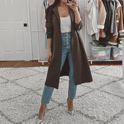 Copiado - Gabardina Zara Imitación Gamuza Marrón Frente Abierto Chaqueta Manga Larga Talla S Foto 1 de 4