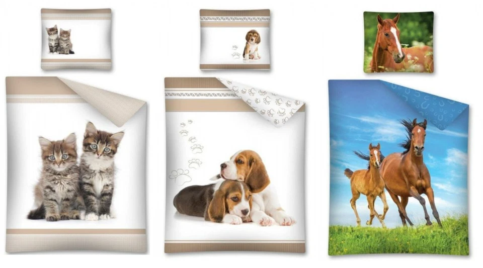 COPRIPIUMINO COPRILETTO ANIMALI CANI- GATTI-CAVALLI SET DUE PEZZI COTONE 140X200 - Immagine 1 di 1