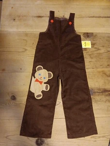 VTG Fischel Johnston Corduroy Bib Overalls Boys 4T Teddy Bear Appliqué Brown NWT - Picture 1 of 7