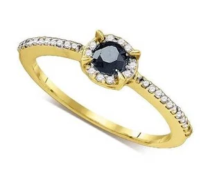 10K Yellow Gold Black Solitaire Diamond Ring White diamond Halo Band .39ct - Picture 1 of 2