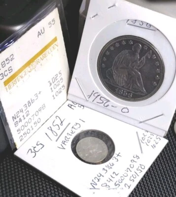 Revised See Desc. - HERITAGE RARE COINS 1852 3CS AU55 + 1956 O MS SEATED HALF BU - Image 1 of 4