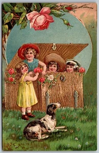 Vtg Little Girls Hiding in Gold Gilt Box Chest Dog Roses Embossed 1910s Postcard - Picture 1 of 2