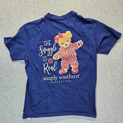 Simply Southern T-Shirt Girls Youth Small Navy Blue Pocket Tee Bear Snuggle - Image 1 of 4