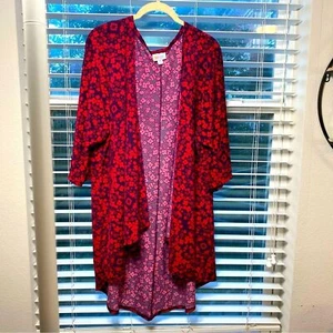Preowned Lularoe Red Floral Plunge Front 3/4 Sleeve Medium Business Cardigan - Picture 1 of 6