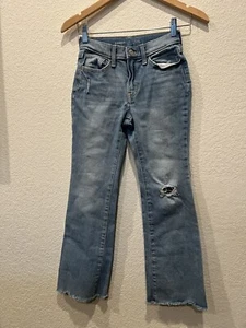 Old Navy Girls High Rise Flare Blue Jeans Size:12 Raw Hem Adjustable Waist - Picture 1 of 7