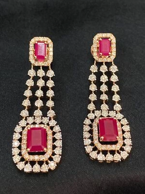 5.40 TCW Round Brilliant Cut Natural Diamonds Ruby Dangle Earrings 14K Rose Gold - Image 1 of 4