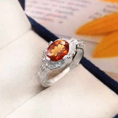 Sottile Fantastico Ceylon Arancione Zaffiro 925 Argento Mano Anello Natale Gift - Immagine 1 di 4