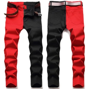 Pantalones de mezclilla para hombre de dos tonos empalme calce ajustado pantalones de mezclilla pantalones bolsillo pierna recta - Imagen 1 de 8