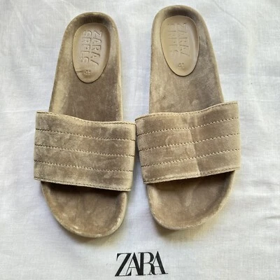 Nuevas Sandalias Zara $99 Terciopelo Tostado Toboganes SRPLS Excedente Talla 10 1681/001 SNDL 2 Foto 1 de 4