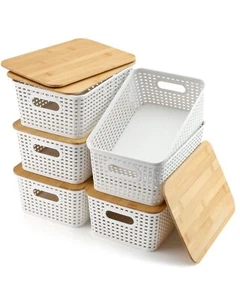 Storage Bins with Lids 6 Packs Plastic Bamboo for Pantry Organization - Picture 1 of 7