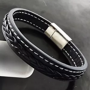 Black Bracelet Stainless Steel Braided Leather Magnetic Lock Wristband Bangle - Picture 1 of 4