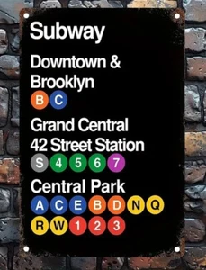 Insegna metallo NYC 42nd St Downtown & Brooklyn alfabeto linee metropolitana 8"x12" + mappa - Foto 1 di 7
