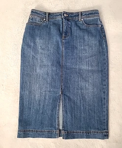 Talbots Petite 10P Denim Midi Skirt Blue Jean Front Slit Modest Y2K Boho Classic - Picture 1 of 15