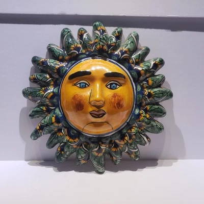 Mexican Handmade Garden Pottery  11.75" - Yellow Wall Ceramic Sun Face - Image 1 of 2