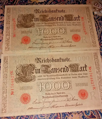 1910 1000 REICHSMARK OLD BANKNOTE OF  GERMANY WITH 2 CONSECUTIVE SERIAL NUMBERS! - Image 1 of 3